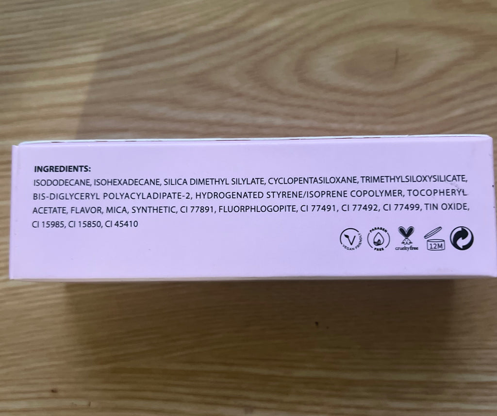VP Boutique liquid shimmer blush packaging showing detailed ingredient list on light pink box
