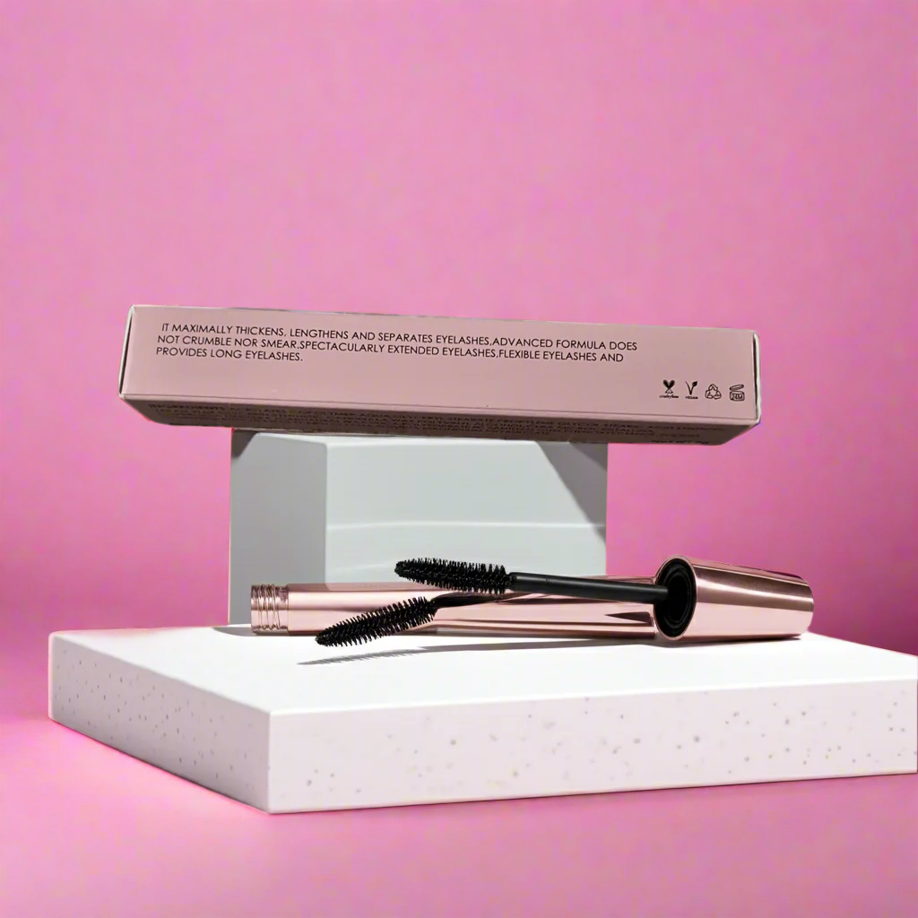 LuxeFlex mascara for volume and comfort with sleek rose gold tube and brush on white display against pink background