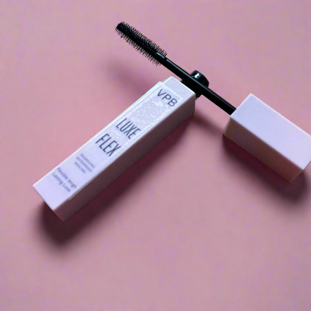 VP Boutique LuxeFlex mascara for volume and comfort with black brush and light pink packaging