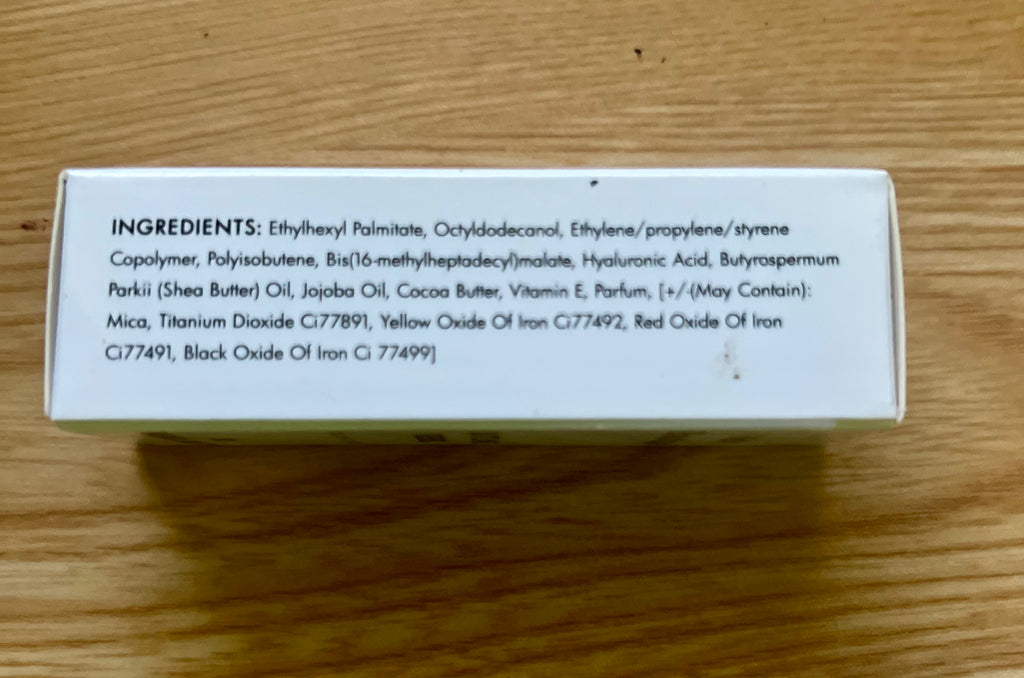 VP Boutique moisturizing peel off lip tint ingredient list on white packaging box