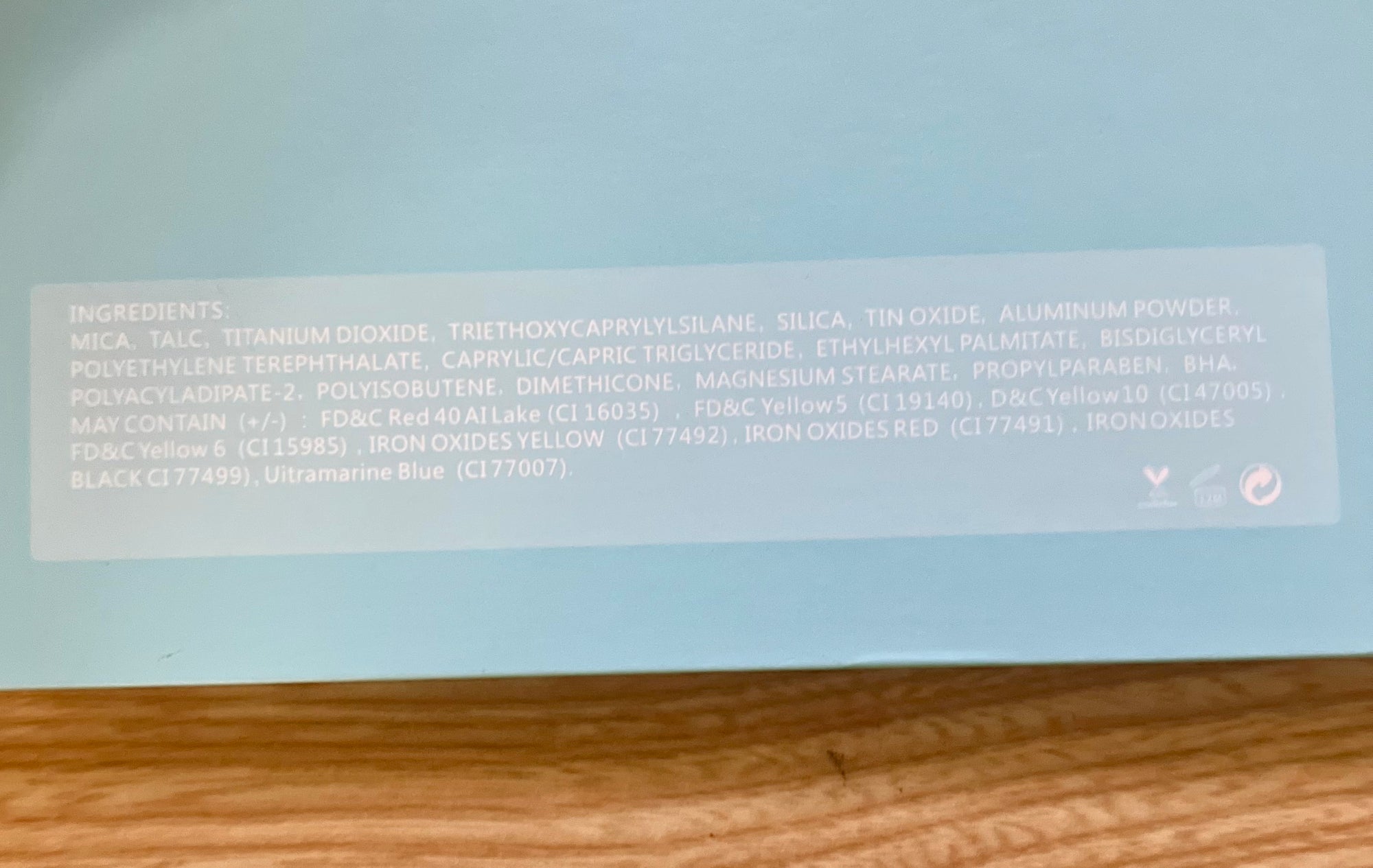 Vickipboutique ocean inspired makeup palette ingredient list on light blue packaging